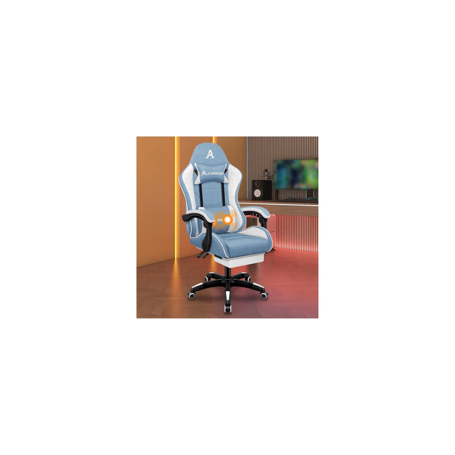 ALFORDSON Gaming-Stuhl mit Massage-Lendenwirbelkissen, ergonomischer Gamer-Racer-Stuhl mit Verstellbarer Rückenlehne, Drehstuhl mit Fußstütze, höhenverstellbar, Schwarz