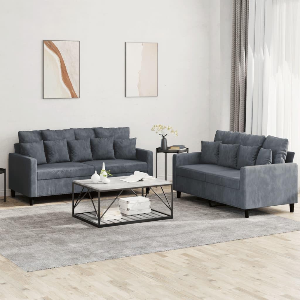 Willood 3-TLG. Sofagarnitur mit Kissen Dunkelgrau Samt,Sofa geeignet für Wohnzimmer, Sofa Set, mit Armlehnen und Kissen
