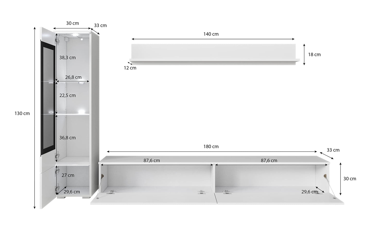 MINIO go for it Veve 2, 4-Piece Wall Unit Set, Hanging or Standing, 2 x Tall Cabinet Display Cabinets, Lowboard, Wall Board, Laminated Clamping Plate, Wotan Oak and Black Gloss, without Lighting