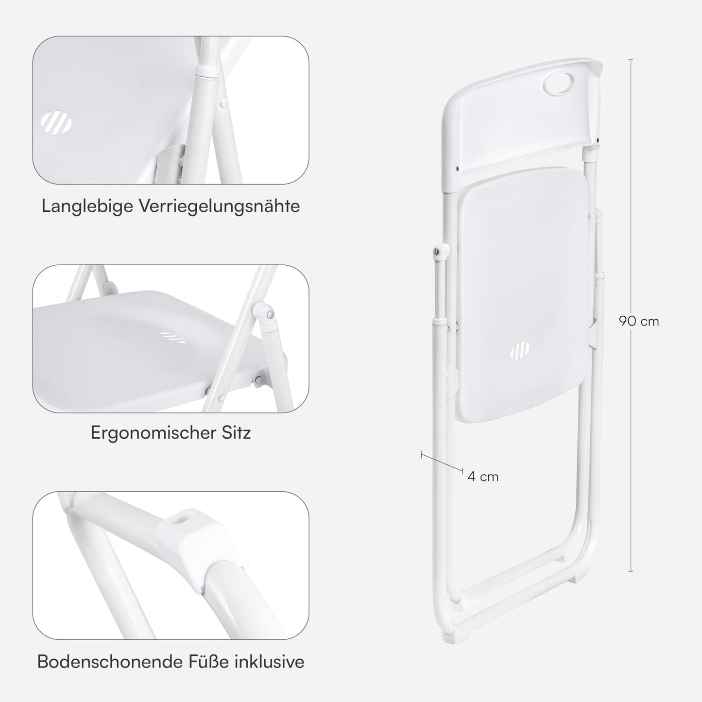 Baroni Home Klappstuhl mit PVC- und Stahlgestell, platzsparender zusammenklappbarer Sitz mit Füßen und Griff, Outdoor-Stuhl, Küche, Wohnzimmer, Reisen, 74x43x49 cm, 8 Stücke, Weiß