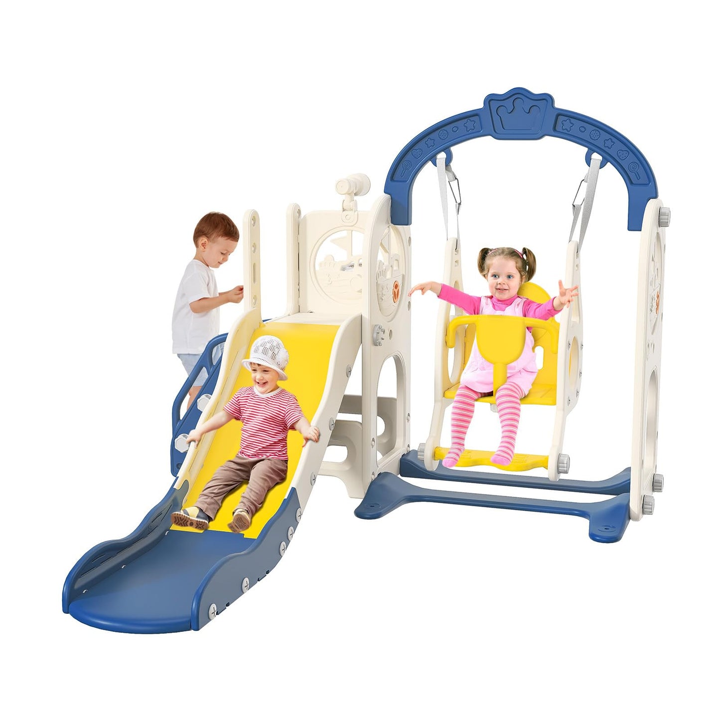 BestAlice 4 in 1 Kinderrutsche Set für Outdoor und Innen, Spielplatz mit Schaukel, Basketballkorb, Kletterleiter, Indoor- und Outdoor-Spielset, 18 Monate + (Blau)