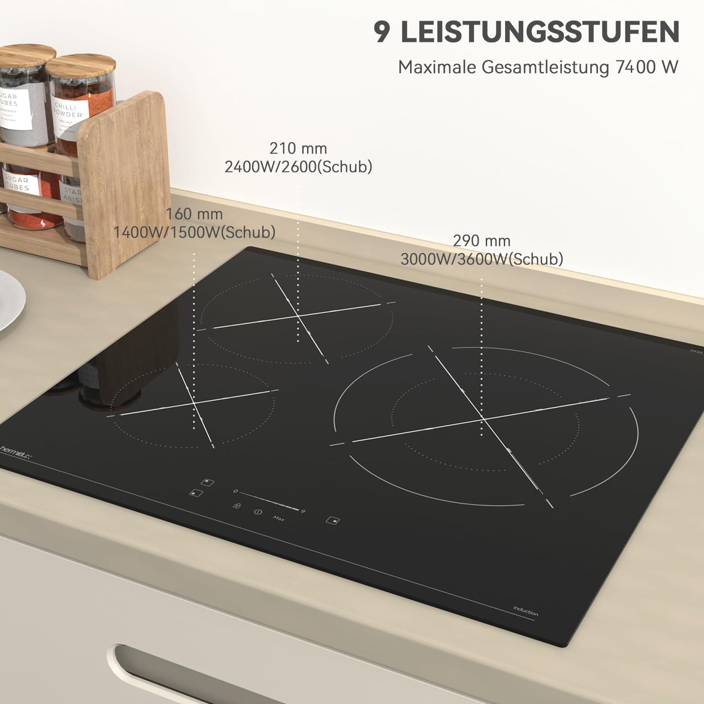 Hermitlux kochfeld 28,8cm, Glaskeramik Kochfeld 2 Platten, 9 Leistungsstufen, Touch-Steuerung, Timer, Kindersicherung, Geeignet für Alle Töpfe, 3300W