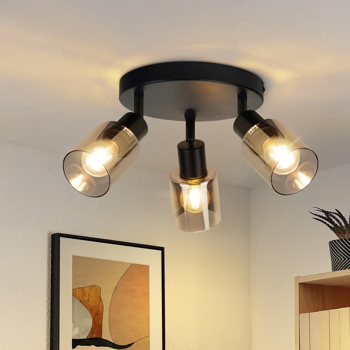 Kowanie Deckenlampe Vintage 6 flammig: Industrial Wohnzimmerlampe Schwarz Deckenleuchte Wohnzimmer retro Kronleuchter aus Glas Deckenbeleuchtung inkl. 6 × E14 2700K Leuchtmittel für Küche