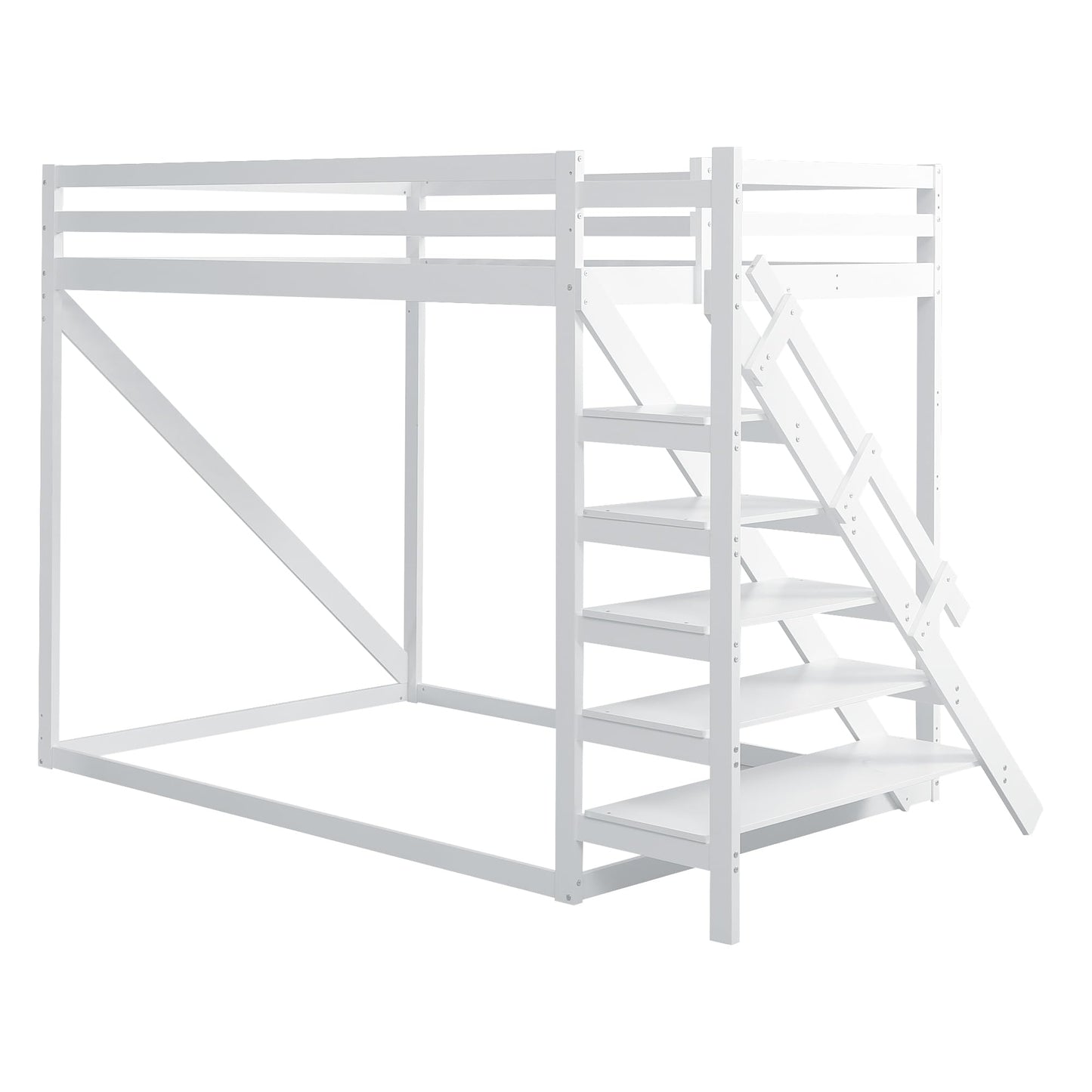 Merax Kinderbett 90x200 cm aus Holz, Multifunktionales Hochbett mit austauschbarer Treppe & Stauraum, Schubladen als Schreibtisch nutzbar, Weiß (Ohne Matratze)