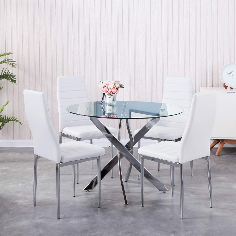 GOLDFAN Dining Table with 4 Chairs Dining Table Round Glass Kitchen Table Dining Room Chair Velvet 80 cm Green