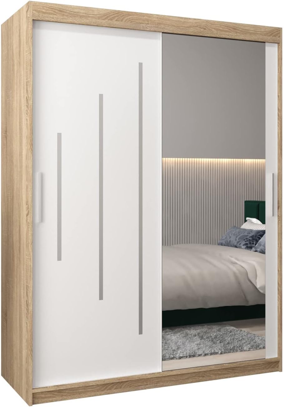 MEBLE KRYSPOL Kleiderschrank mit Spiegel York 2 - Garderobenschrank - Schrank Schlafzimmer - Mehrzweckschrank Zwei Schiebetüren - Regalen - Flur Möbel - Kleiderstange Schrank - Allzweckschrank