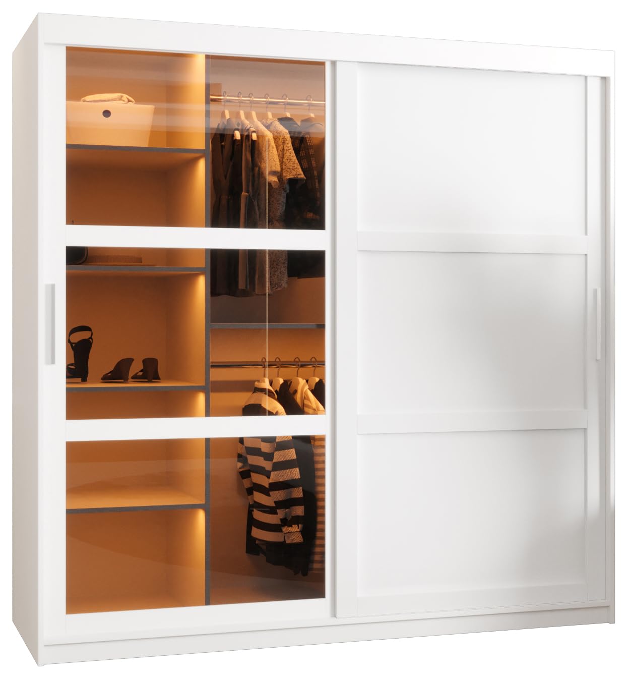 MEBLE KRYSPOL Dome 2 Schrank mit DREI Schiebetüren mit Spiegel, Stangen und Regalen - Aufbewahrungsschrank mit Rauchglas für Schlafzimmer, Wohnzimmer - 200x250x62cm - Schwarz, Schwarz, Schwarz