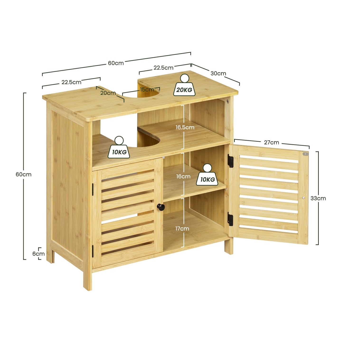 EUGAD Bamboo Vanity Unit with Slat Doors, Adjustable Shelf, 60 x 60 x 30 cm