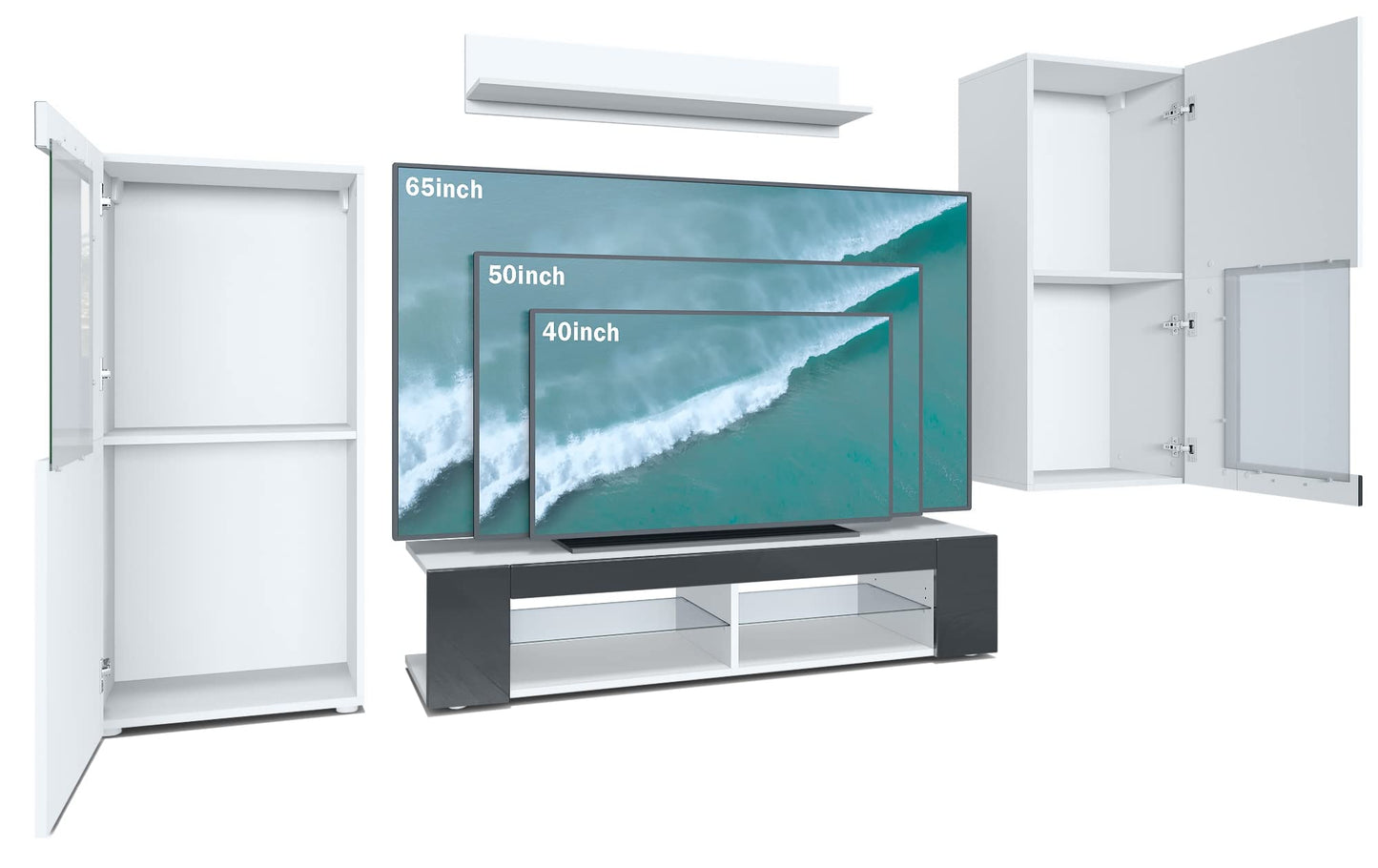 Vladon Wohnwand Movie, Anbauwand bestehend aus 1 TV-Board, 2 Vitrinen und 1 Regal, Weiß matt/Weiß matt/Weiß Hochglanz (Gesamt: 300 x 190 x 39 cm)