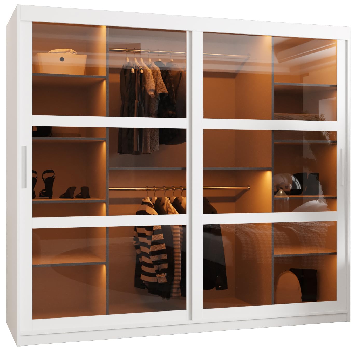 MEBLE KRYSPOL Dome 2 Schrank mit DREI Schiebetüren mit Spiegel, Stangen und Regalen - Aufbewahrungsschrank mit Rauchglas für Schlafzimmer, Wohnzimmer - 200x250x62cm - Schwarz, Schwarz, Schwarz