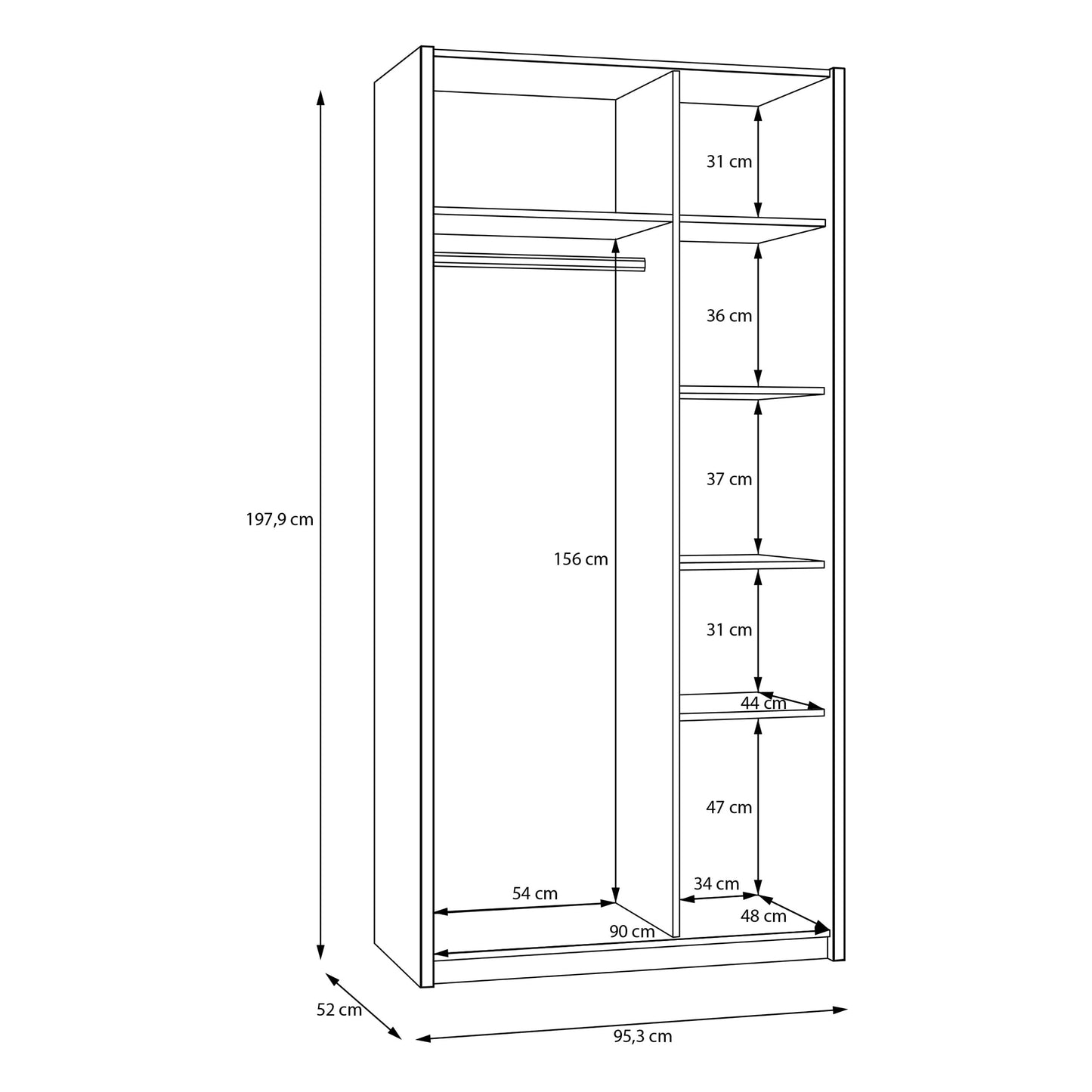 FORTE OZZULA Wardrobe 120, Wardrobe, Sliding Door Wardrobe, Bedroom Wardrobe, Scandinavian 2 Door Shelves, Clothes Rail, White/Artisan Oak, 120 cm Wide x 190.5 cm High x 61 cm Deep