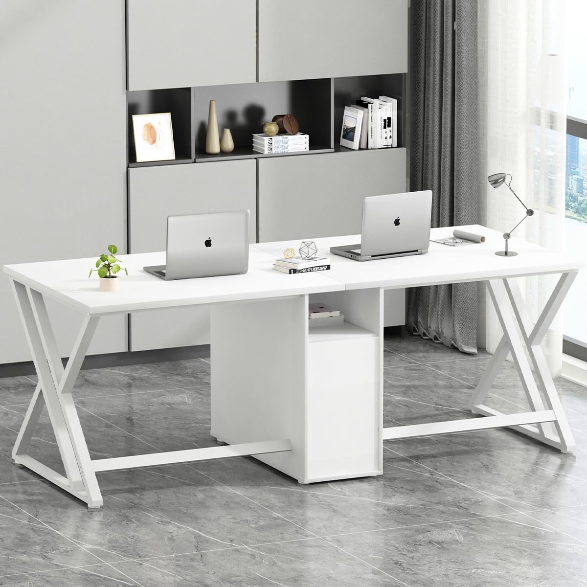 LVB Schwarz Large Double Industrial Computer-Schreibtisch mit Schubladen, Extra Lange Gaming-Tabelle mit Lagerung Schrank Regale, Holz-Metall-Computer-Schreibtisch