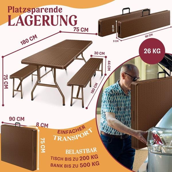 Kesser® Beer Tent Set – 3 Piece Set, Table + 2 x Bench, for Indoor / Outdoor, Folding, Carry Handles, HxWxD: 73 x 180 x 75 cm, Plastic, Rattan-Look Garden Set, Folding Table, Garden Table, Black