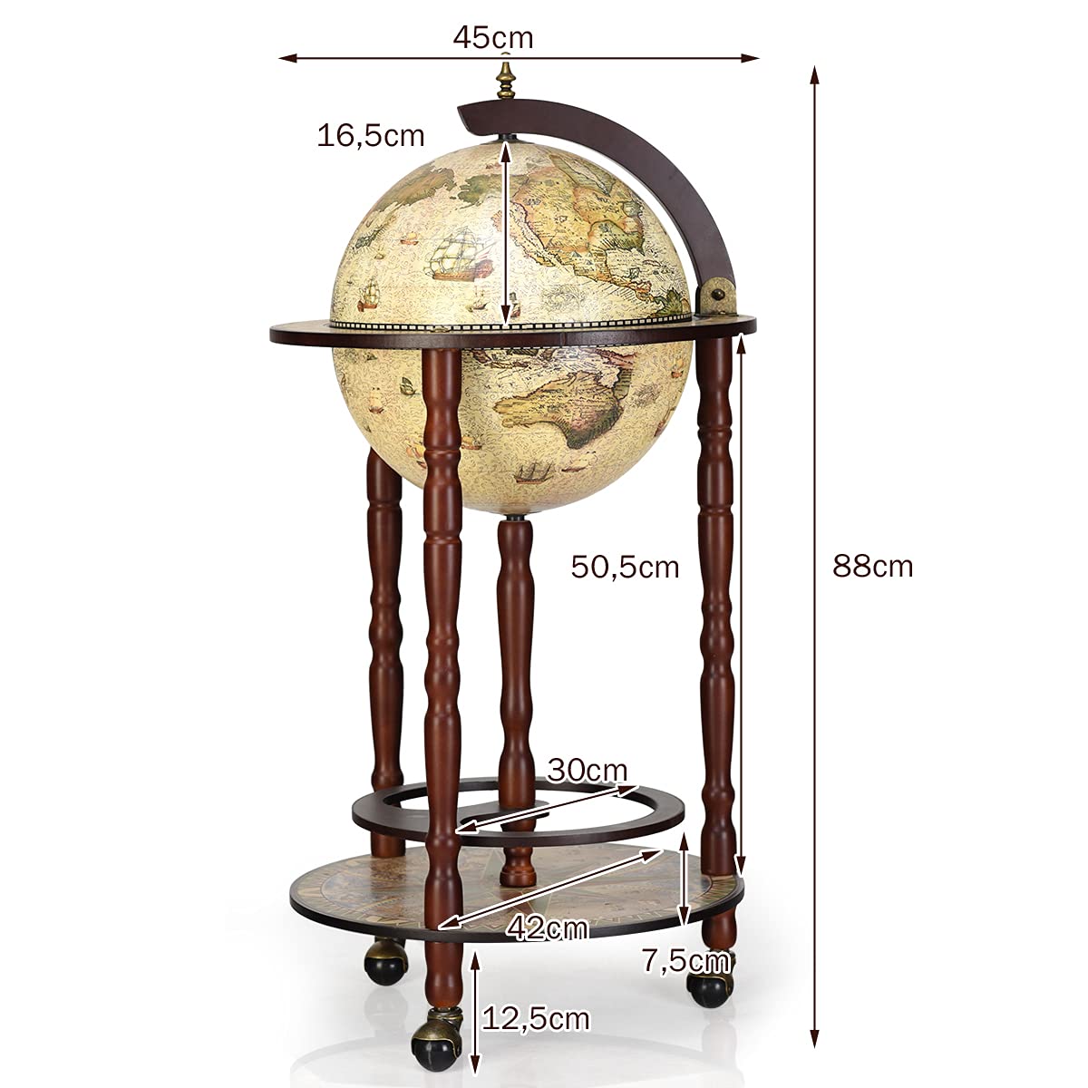 RELAX4LIFE Globe Bar on Wheels, Bar Trolley with World Globe, Bar Table Solid Wood, Serving Trolley with Wine Bottle Holder, Mobile Cocktail Bar, Antique Look, Decorative Mini Bar Serving Table