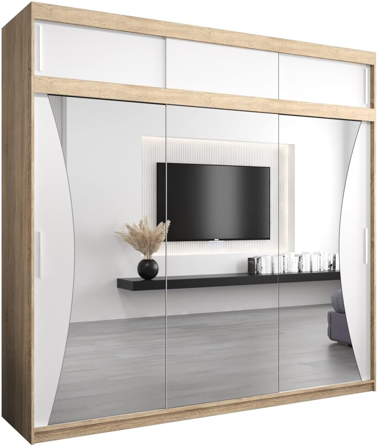 MEBLE KRYSPOL Kleiderschrank mit Spiegel Monaco - Garderobenschrank - Schrank Schlafzimmer - Mehrzweckschrank DREI Schiebetüren - Regalen - Flur Möbel - Kleiderstange Schrank - Allzweckschrank