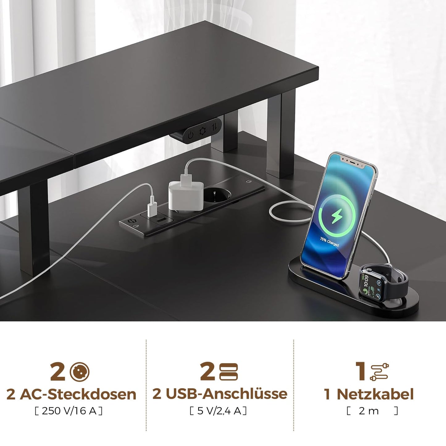 Seventable Schreibtisch L Form, Computertisch mit Steckdose, LED & Monitorständer, Reversibel Eckschreibtisch mit Schubladen, perfekt für Schlafzimmer Büro Wohnzimmer