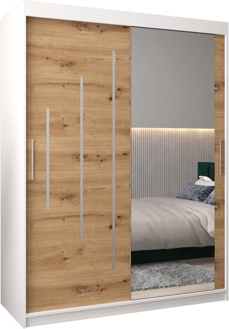 MEBLE KRYSPOL Kleiderschrank mit Spiegel York 2 - Garderobenschrank - Schrank Schlafzimmer - Mehrzweckschrank Zwei Schiebetüren - Regalen - Flur Möbel - Kleiderstange Schrank - Allzweckschrank