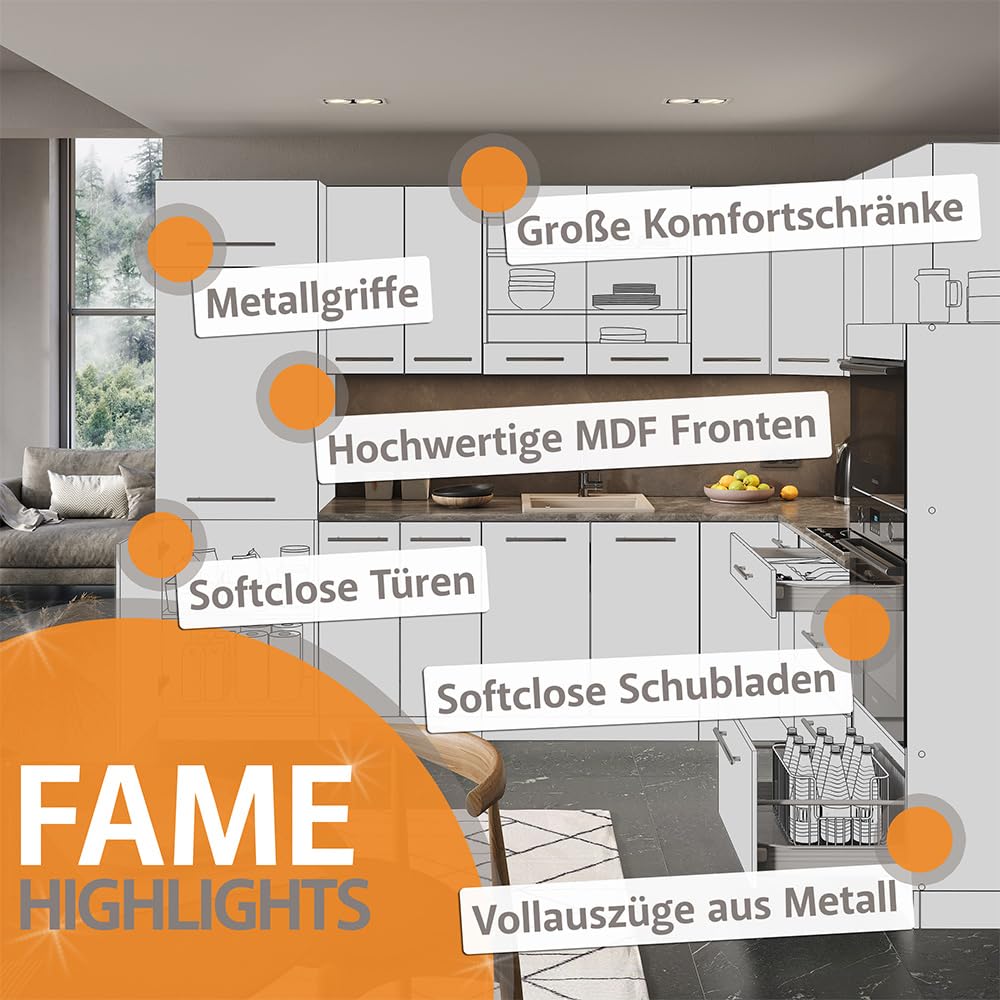 Vicco Küchenzeile Fame-Line, Anthrazit Hochglanz/Goldkraft Eiche, 300 cm mit Hochschrank, ohne Arbeitsplatte