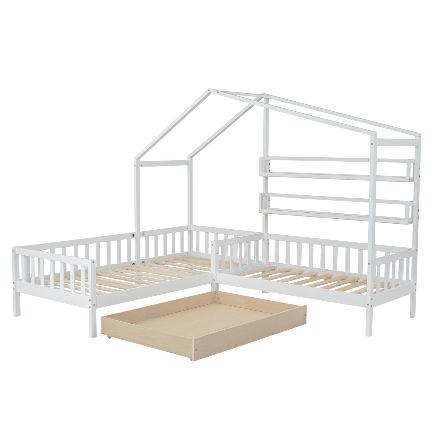 Merax Hausbett 90x200 cm mit 2 Schubladen, für 2 Kinder Doppelbett, Vielseitiges Holz Baumhausbett für Mädchen & Jungen, Stabil Spielbett Gitterbett mit Rausfallschutz und Lattenrost, Weiß