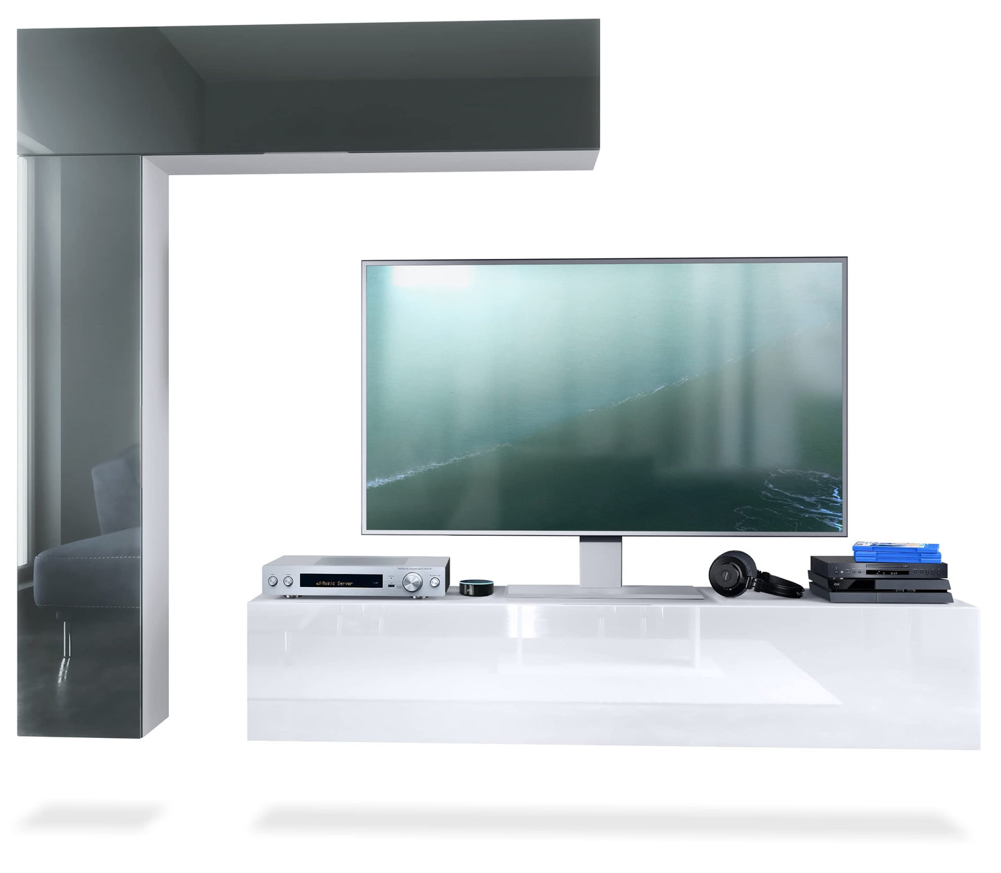Vladon Taurito Wall Unit, Made in Germany, Matte White / Black High Gloss - Modern Wall Unit for Your Living Room (320 x 182 x 39 cm)