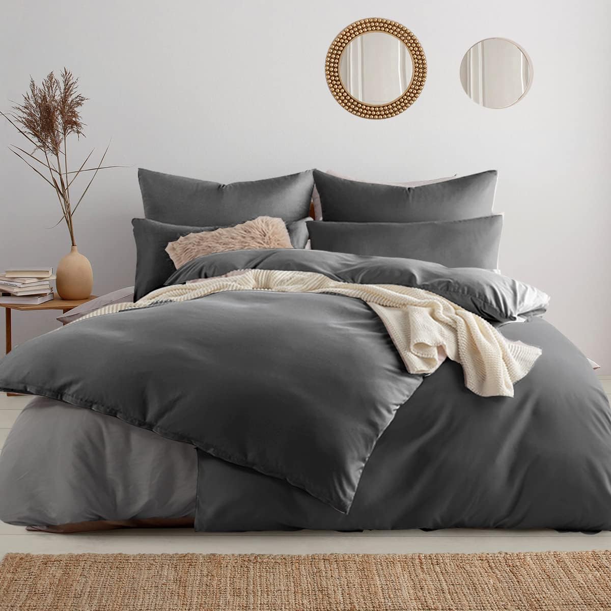 Soifox Bed Linen Set, Grey Anthracite, Microfibre, Non-Iron and Wrinkle-Free Duvet Cover 200 x 200 cm with Set of 2 Pillowcases 80 x 80 cm, Bed Linen with Zip