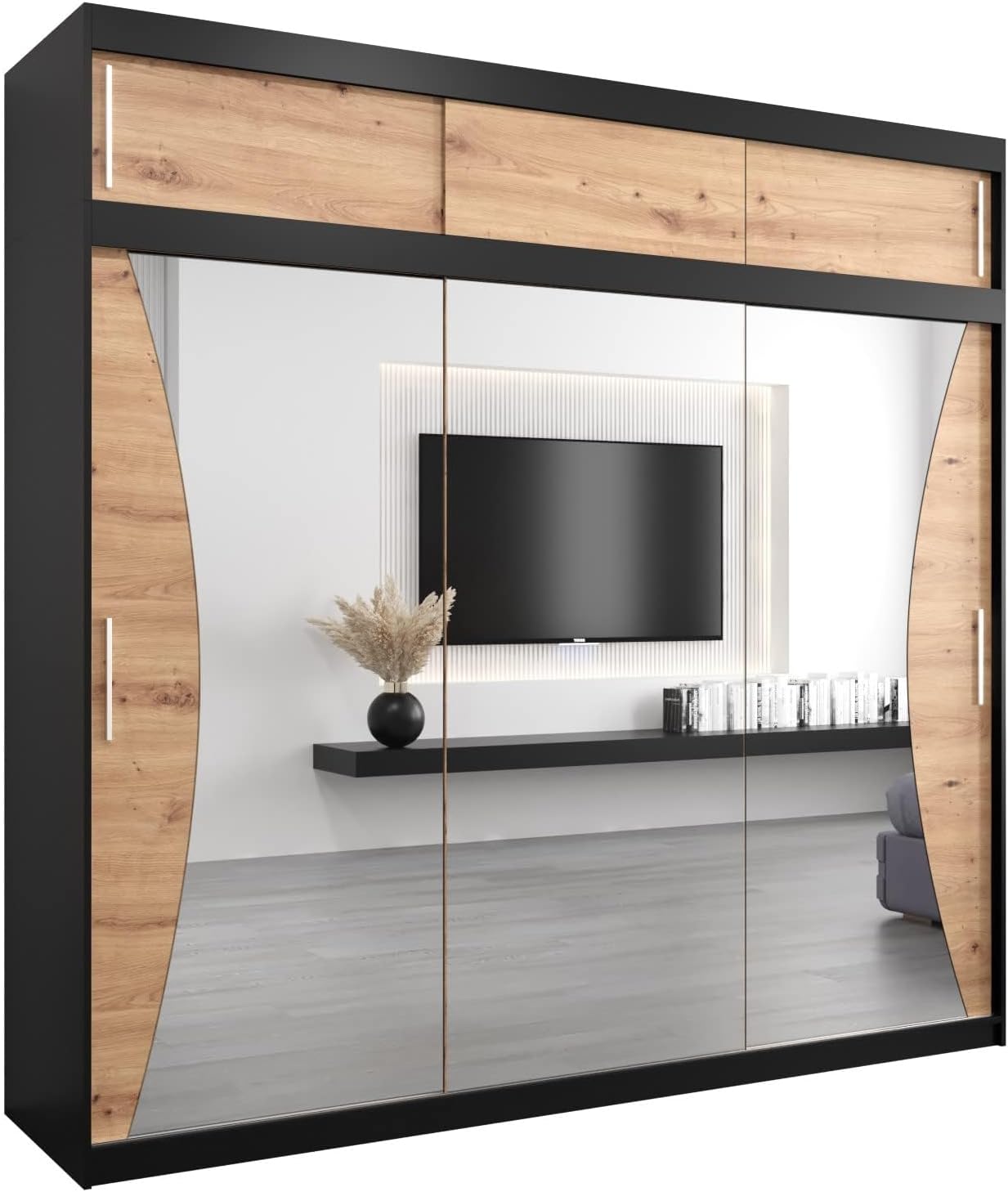 MEBLE KRYSPOL Kleiderschrank mit Spiegel Monaco - Garderobenschrank - Schrank Schlafzimmer - Mehrzweckschrank DREI Schiebetüren - Regalen - Flur Möbel - Kleiderstange Schrank - Allzweckschrank