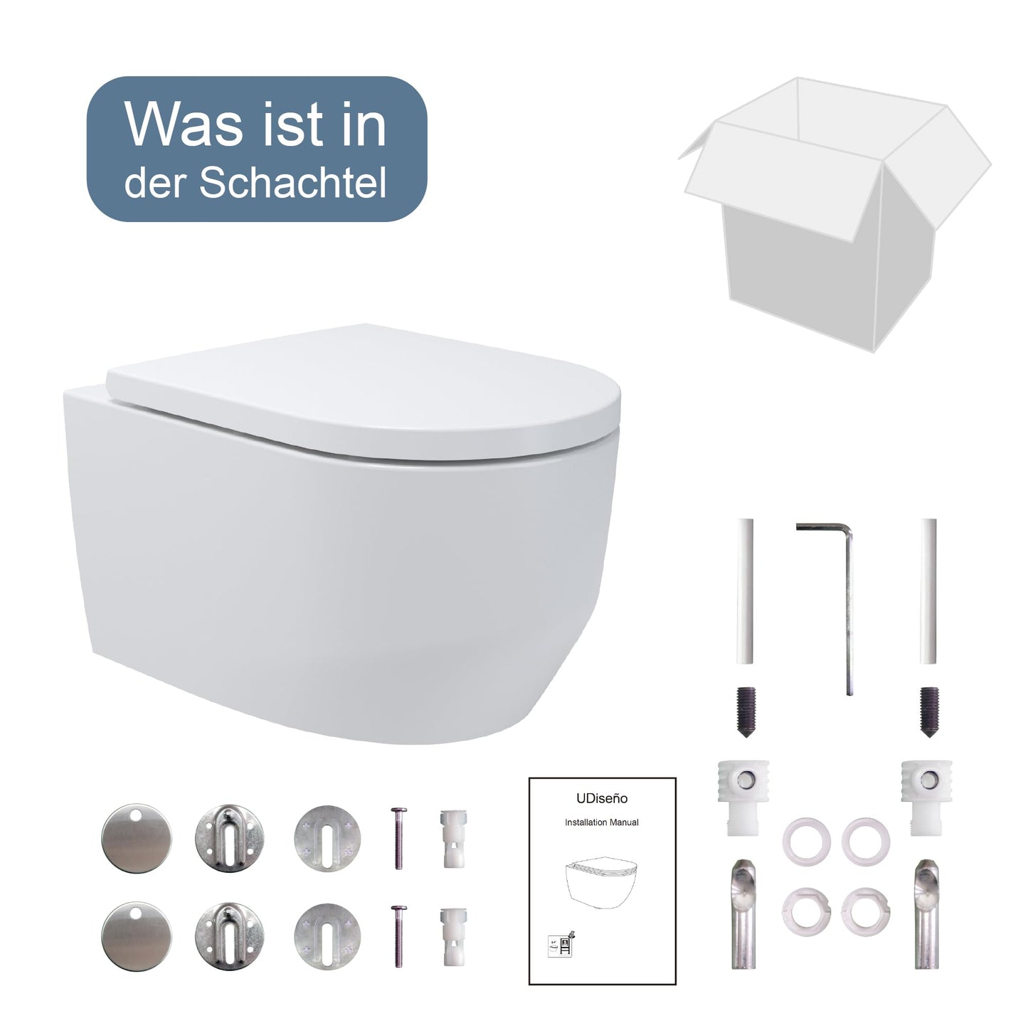 UDiseño Wall Toilet Rimless Toilet, 360° Superspin Flush Hanging Toilet, Raised Complete Set, D Shape, Low Noise Tornado Toilet Flush, UF Lid Seat with Soft-Close Mechanism, 52.5 cm Long, White