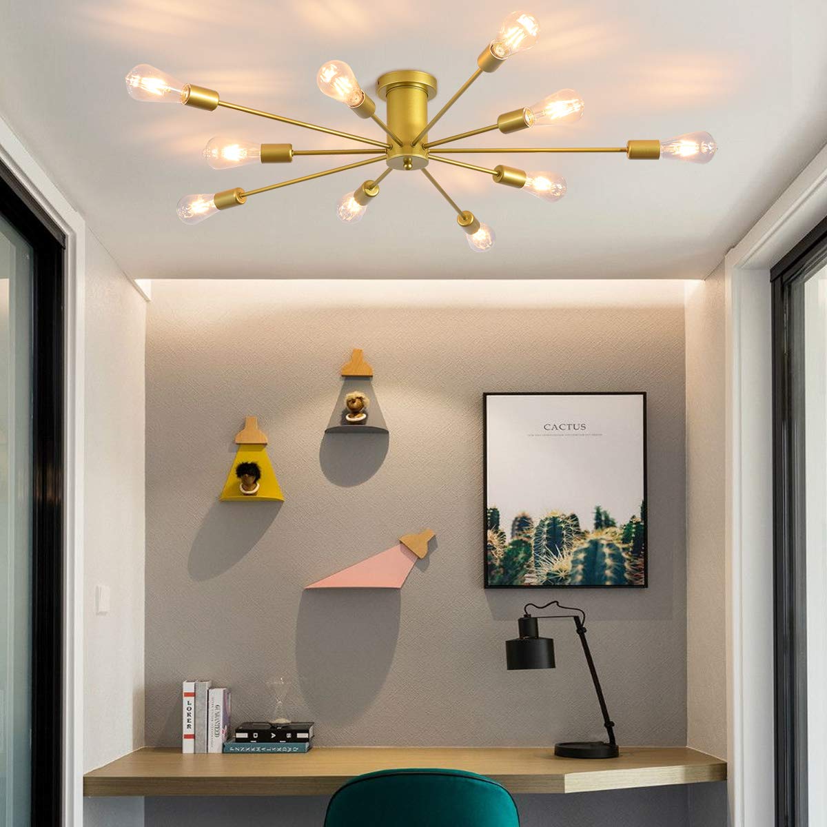 JIINOO 10 Lights Modern Chandelier Ceiling Light Gold Industrial Ceiling Lamp Medieval Semi Flush Mount Chandelier Ceiling Light for Kitchen Dining Room Living Room Bedroom Lighting