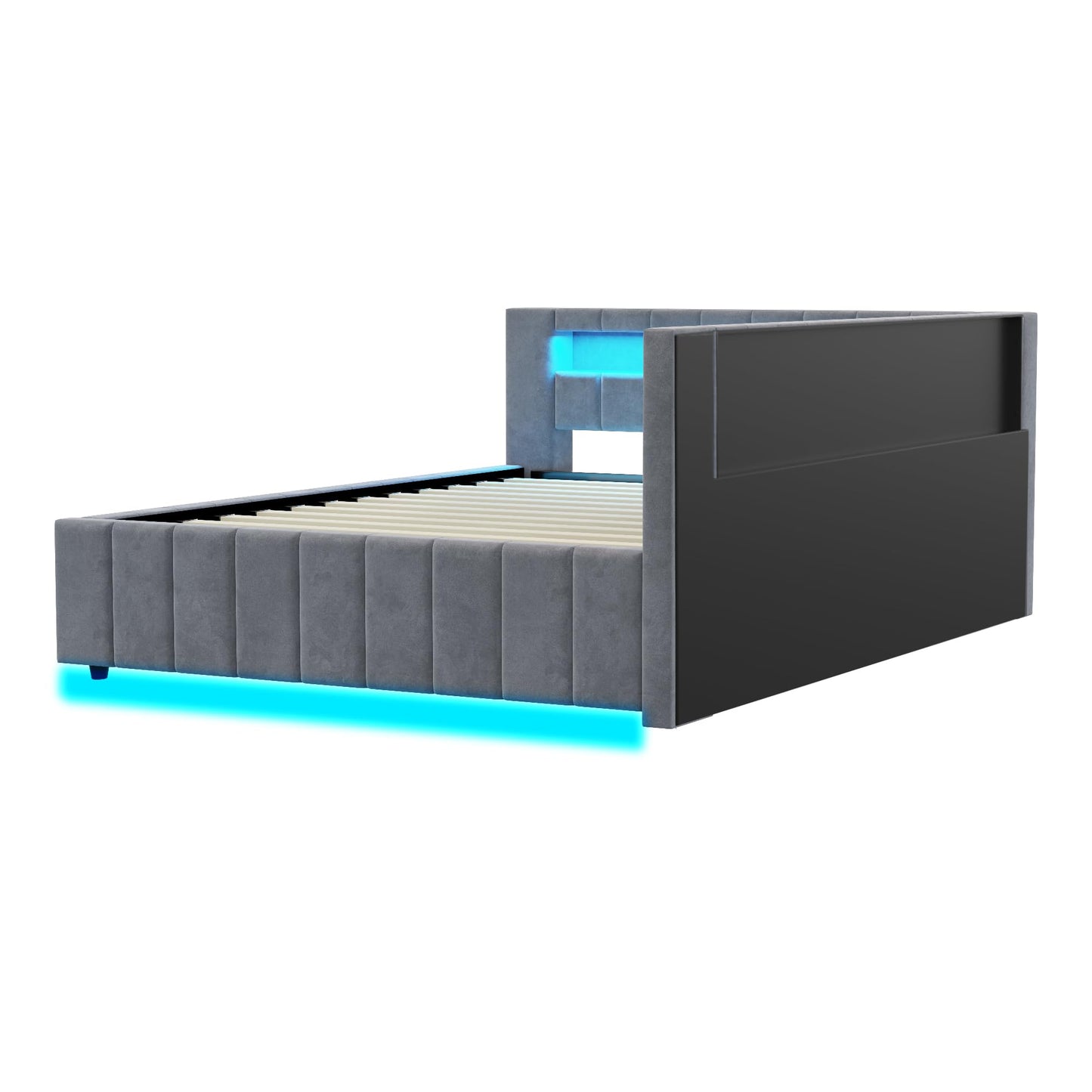 KEYIDE Upholstered Sofa Bed, 140 x 200 cm with LED Lighting and USB Charging, Bed Frame with Wooden Slatted Frame, Day Bed, Guest Bed, Youth Bed, Velvet Fabric, Without Mattress (Grey, 140 x 200)