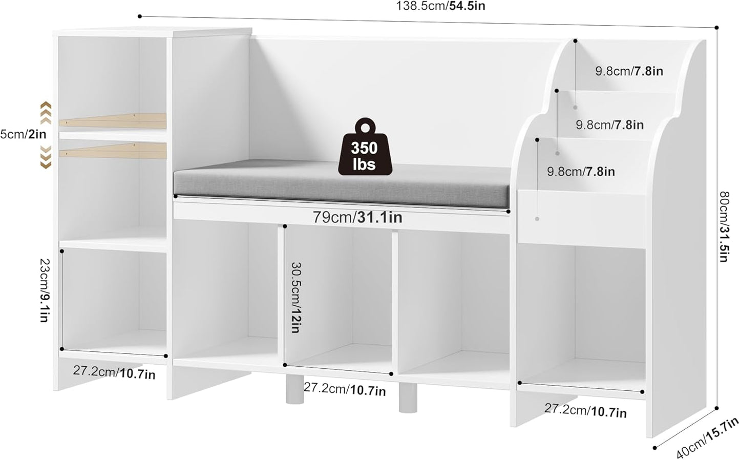 HOCSOK Kinderregal, 138.5 cm Bücherregal Kinder mit Kissen und 7 Ablagefächern, Spielzeugregal Aufbewahrung für Kinderzimmer, Spielzimmer, Kindergärten, Weiß, 80×40×138.5cm
