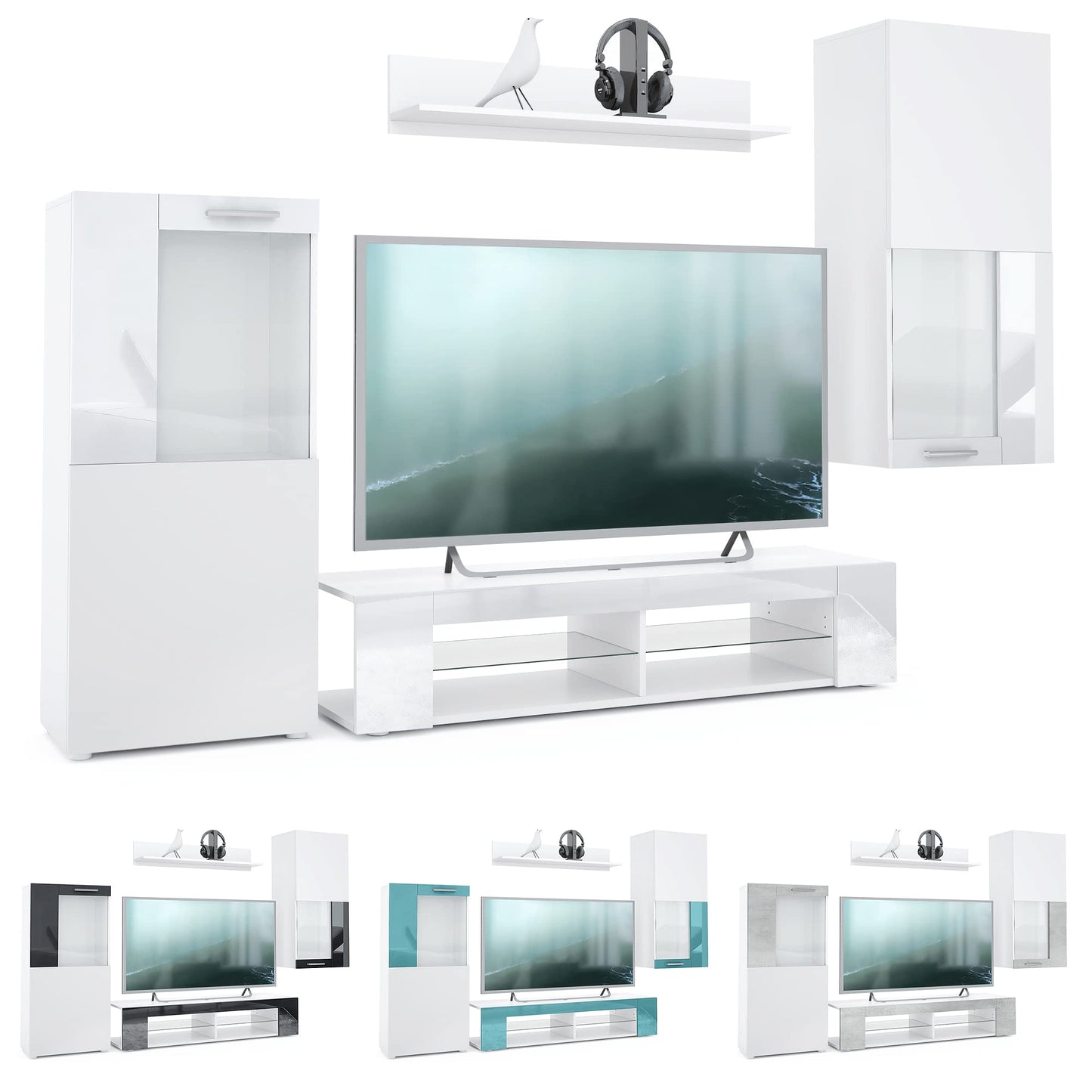 Vladon Wohnwand Movie, Anbauwand bestehend aus 1 TV-Board, 2 Vitrinen und 1 Regal, Weiß matt/Weiß matt/Weiß Hochglanz (Gesamt: 300 x 190 x 39 cm)