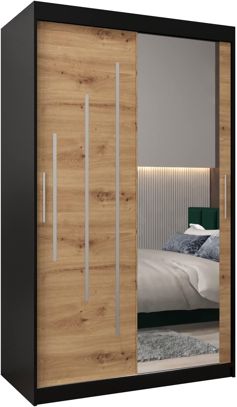 MEBLE KRYSPOL Kleiderschrank mit Spiegel York 2 - Garderobenschrank - Schrank Schlafzimmer - Mehrzweckschrank Zwei Schiebetüren - Regalen - Flur Möbel - Kleiderstange Schrank - Allzweckschrank