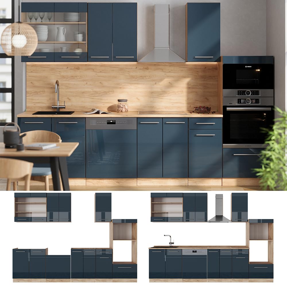 Vicco Küchenzeile Fame-Line, Anthrazit Hochglanz/Goldkraft Eiche, 300 cm mit Hochschrank, ohne Arbeitsplatte