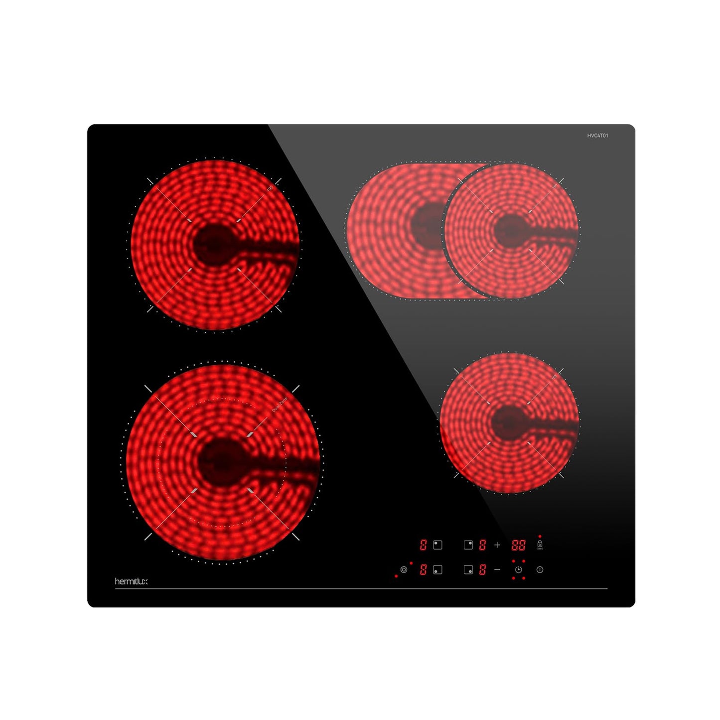 Hermitlux kochfeld 28,8cm, Glaskeramik Kochfeld 2 Platten, 9 Leistungsstufen, Touch-Steuerung, Timer, Kindersicherung, Geeignet für Alle Töpfe, 3300W