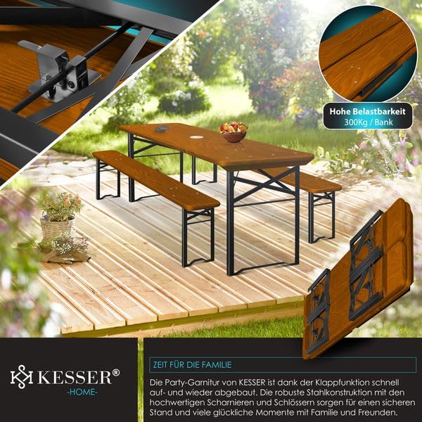 KESSER® Bierzeltgarnitur 3 teilig Gartenmöbel-Set | Klappbar 220 x 50 x 77cm | 2X Bierbänke 1x Biertisch | Festzeltgarnitur Biertisch Stehtisch Sitzgarnitur Holz 16-teiliges Bodenschoner-Set
