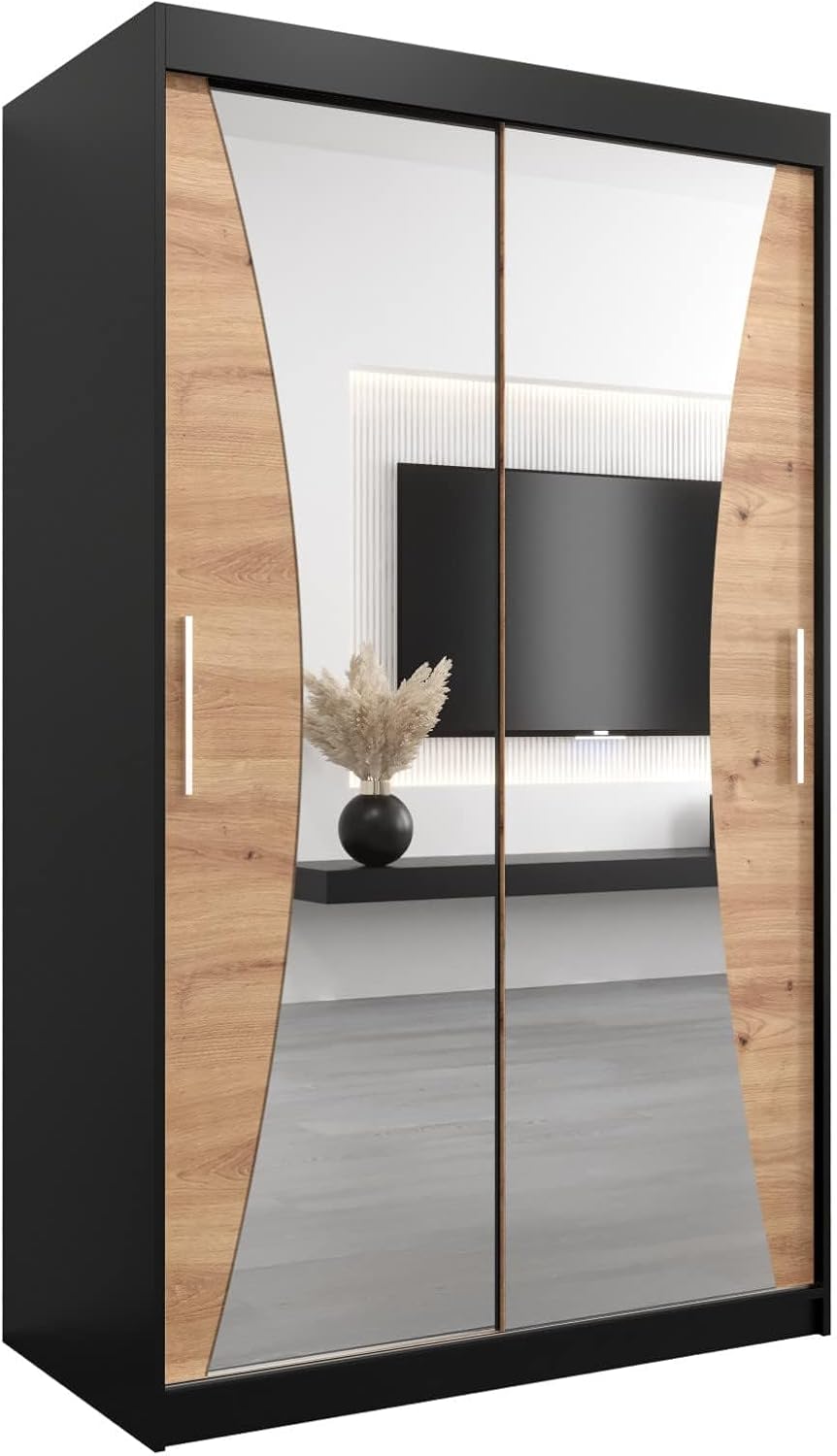 MEBLE KRYSPOL Kleiderschrank mit Spiegel Monaco - Garderobenschrank - Schrank Schlafzimmer - Mehrzweckschrank DREI Schiebetüren - Regalen - Flur Möbel - Kleiderstange Schrank - Allzweckschrank