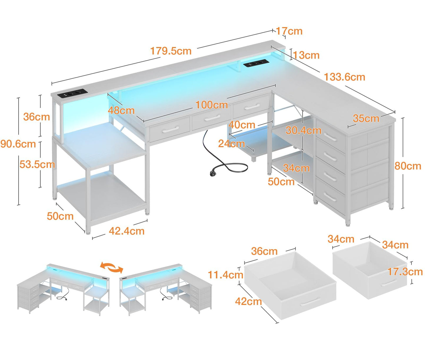 Coleshome Gaming Tisch mit 7 Schubladen & Großzügigem Stauraum, Eckschreibtisch mit RGB LED, Reversibler Schreibtisch L Form mit 2 Steckdosen, Ideal für Büro & Gaming, 179.5×135.5cm, Weiß