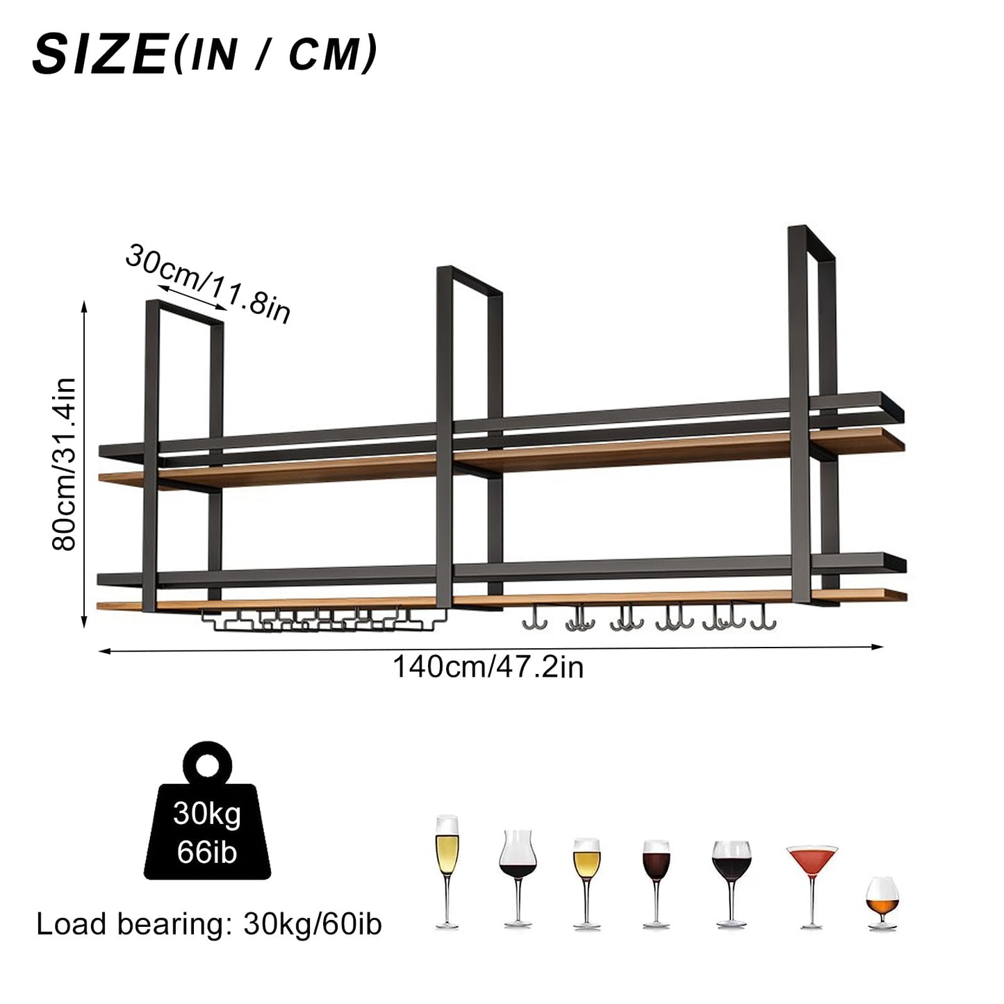 Ceiling Shelf Wine Rack - Ceiling Shelf Hanging Metal Wine Glass Rack, 2-Layer Industrial Hanging Wine Bottle Holder with Glass Shelf for Stemware, for Bar, Cafe, Kitchen (Black, 100 x 30 x 80 cm)