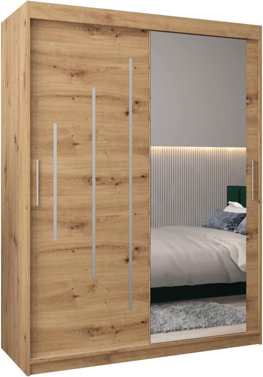 MEBLE KRYSPOL Kleiderschrank mit Spiegel York 2 - Garderobenschrank - Schrank Schlafzimmer - Mehrzweckschrank Zwei Schiebetüren - Regalen - Flur Möbel - Kleiderstange Schrank - Allzweckschrank