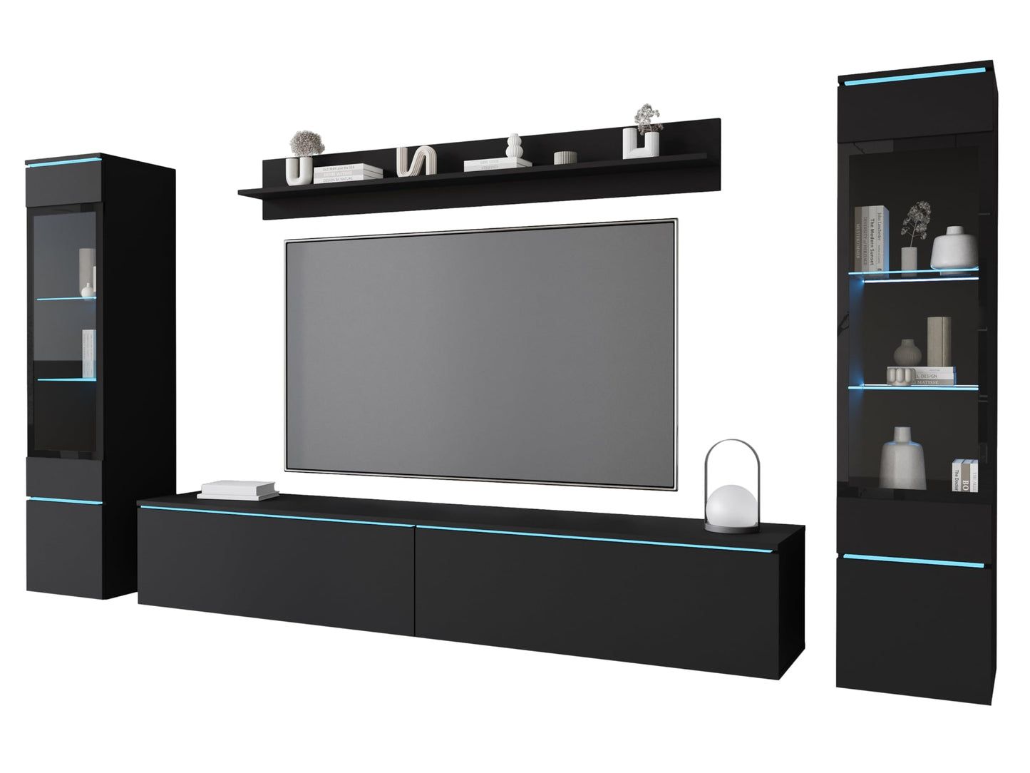 MINIO go for it Veve 2, 4-Piece Wall Unit Set, Hanging or Standing, 2 x Tall Cabinet Display Cabinets, Lowboard, Wall Board, Laminated Clamping Plate, Wotan Oak and Black Gloss, without Lighting