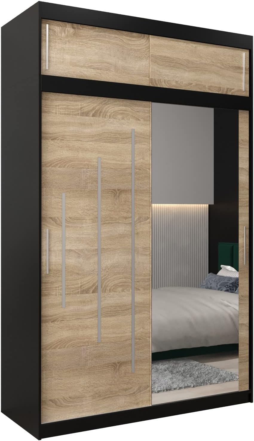 MEBLE KRYSPOL Kleiderschrank mit Spiegel York 2 - Garderobenschrank - Schrank Schlafzimmer - Mehrzweckschrank Zwei Schiebetüren - Regalen - Flur Möbel - Kleiderstange Schrank - Allzweckschrank