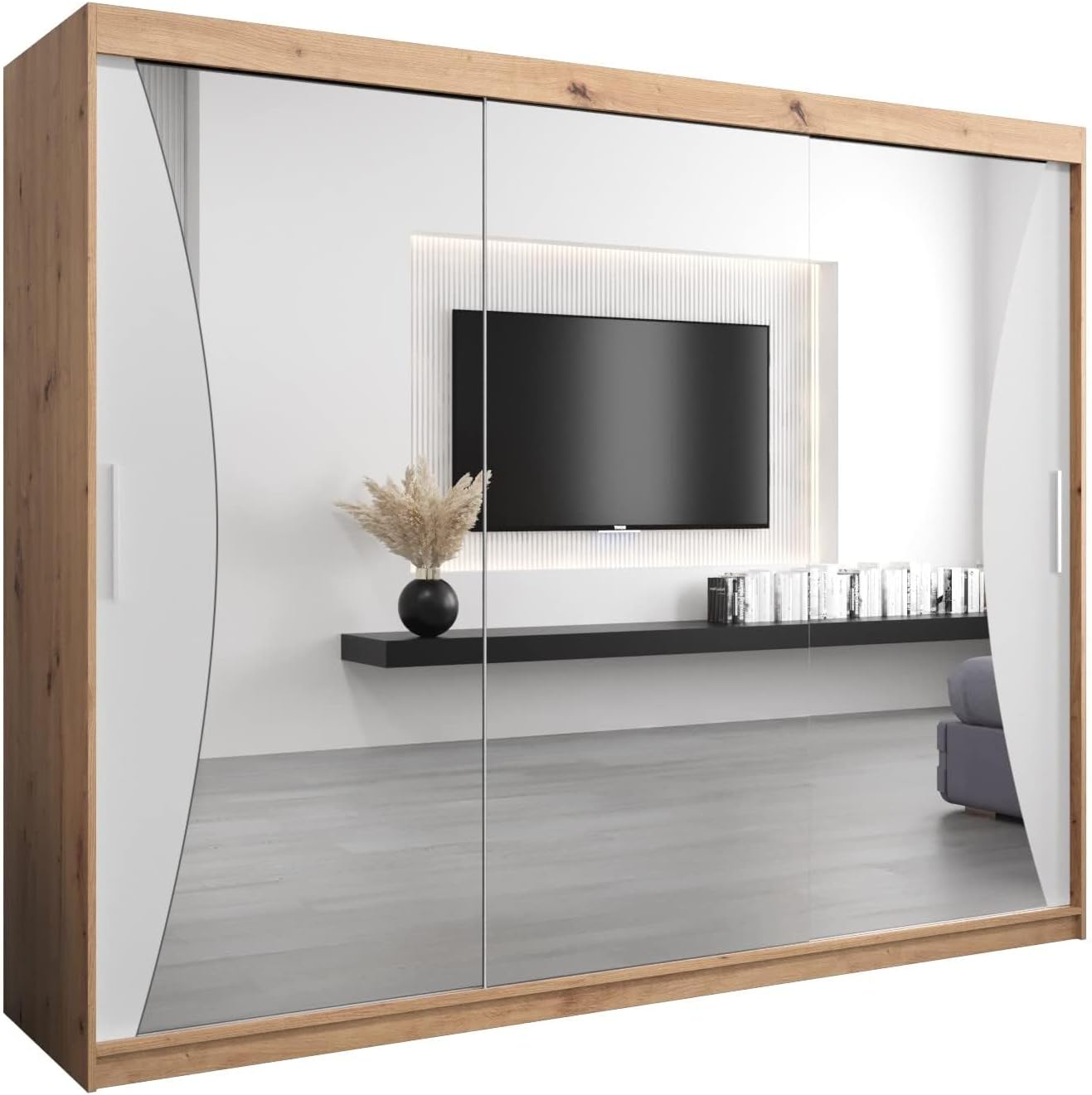 MEBLE KRYSPOL Kleiderschrank mit Spiegel Monaco - Garderobenschrank - Schrank Schlafzimmer - Mehrzweckschrank DREI Schiebetüren - Regalen - Flur Möbel - Kleiderstange Schrank - Allzweckschrank