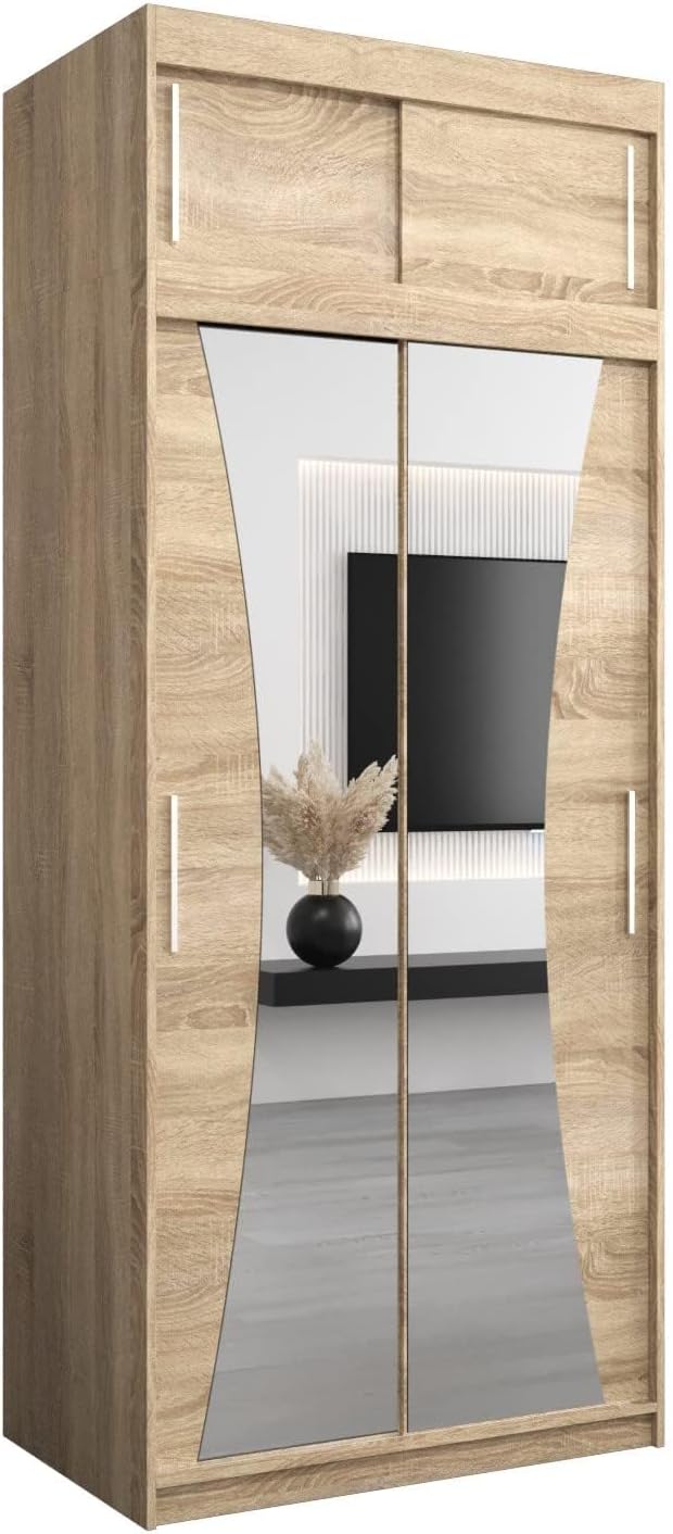 MEBLE KRYSPOL Kleiderschrank mit Spiegel Monaco - Garderobenschrank - Schrank Schlafzimmer - Mehrzweckschrank DREI Schiebetüren - Regalen - Flur Möbel - Kleiderstange Schrank - Allzweckschrank