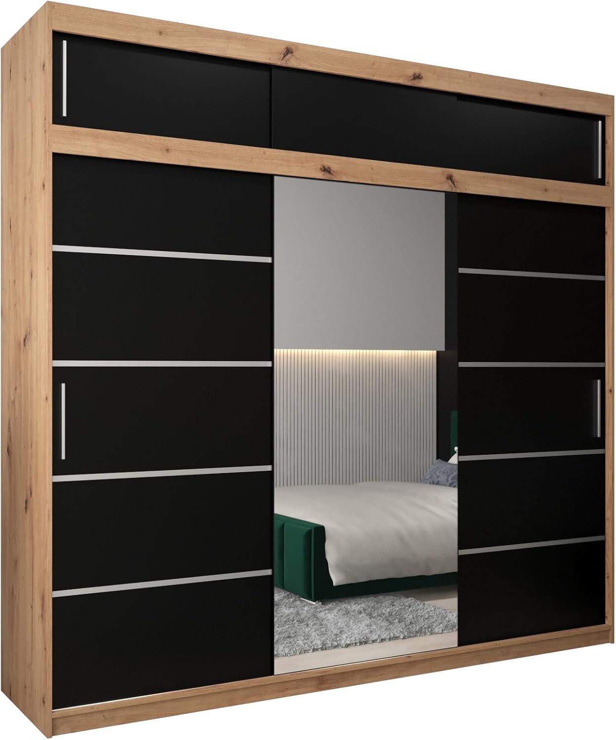 MEBLE KRYSPOL Kleiderschrank mit Spiegel Verona 2 - Garderobenschrank - Schrank Schlafzimmer - Mehrzweckschrank DREI Schiebetüren - Regalen - Flur Möbel - Kleiderstange Schrank - Allzweckschrank