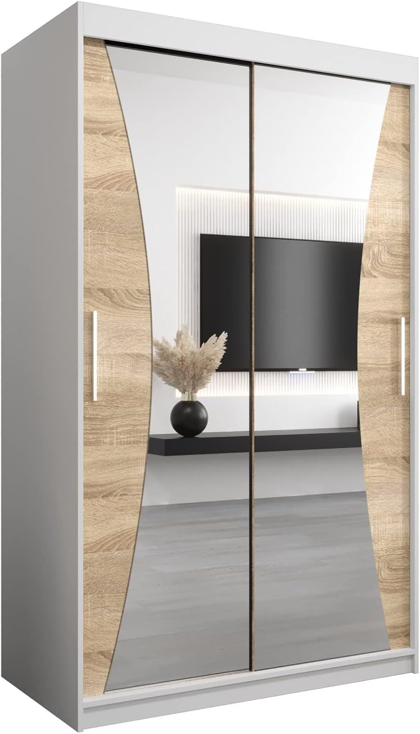 MEBLE KRYSPOL Kleiderschrank mit Spiegel Monaco - Garderobenschrank - Schrank Schlafzimmer - Mehrzweckschrank DREI Schiebetüren - Regalen - Flur Möbel - Kleiderstange Schrank - Allzweckschrank