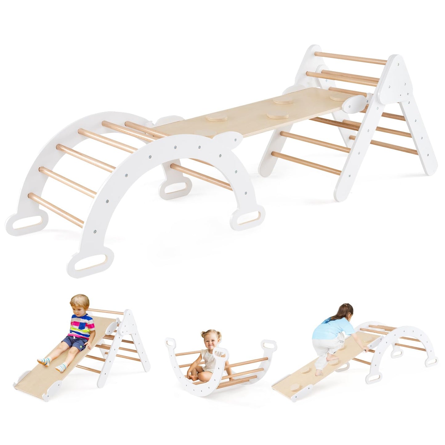 COSTWAY Kletterdreieck mit Rutsche, Kletterbogen, inkl. doppelseitige Rampe, zum Klettern, Rutschen und Wippen, 4 in 1 Klettergerüst Indoor ab 1 Jahr (Macaron bunt)