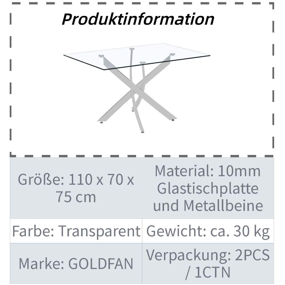 GOLDFAN Glas Esstisch Küchentisch Glastisch Silberne Metalltischbeine Moderner Stil Quadratischen Tisch für Büro Küche 110cm