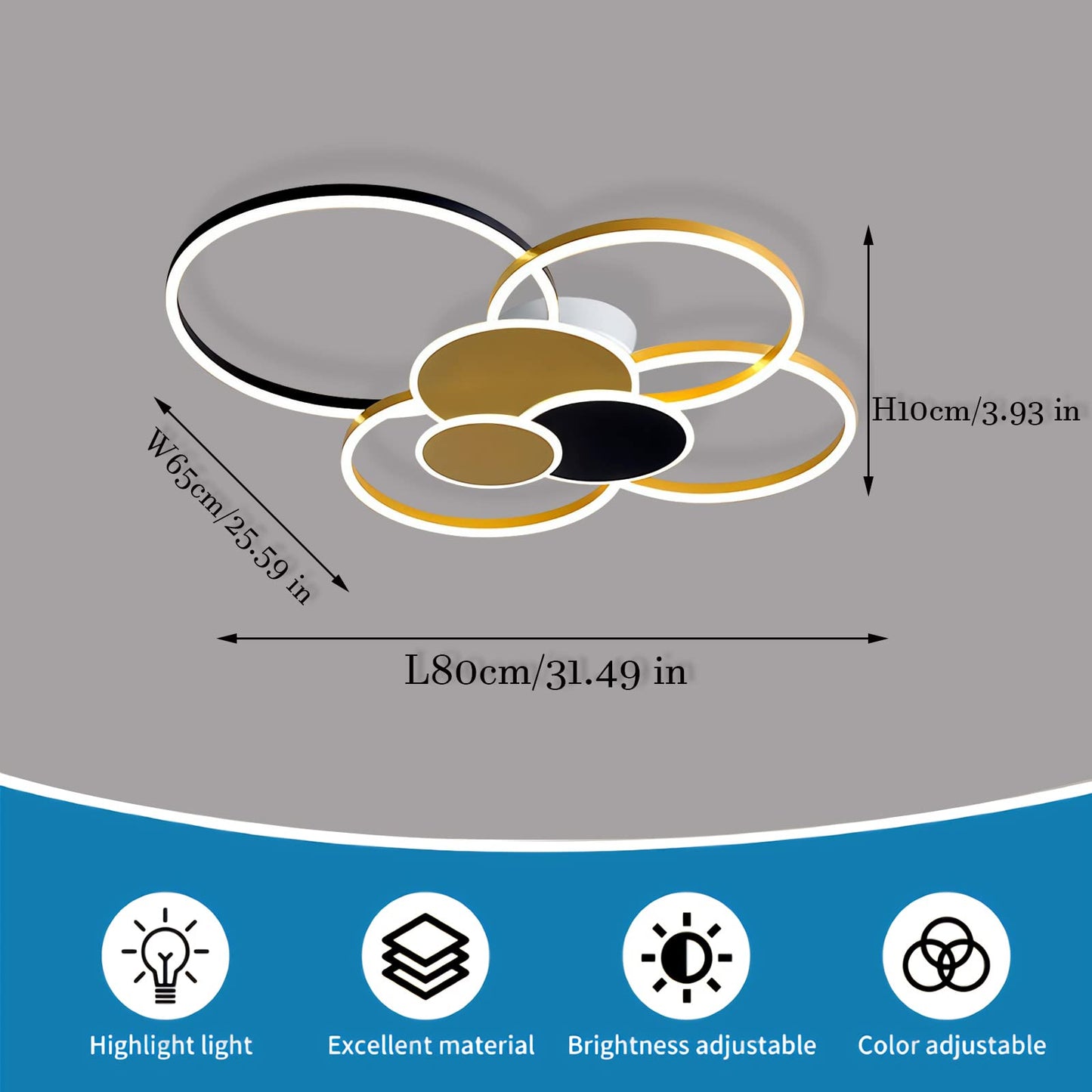 WERSVG L80cm Modern LED Deckenleuchte Wohnzimmer Deckenlampe gold 6-Ring Deckenleuchte 70W 5600LM Dimmbar 3500K - 6500KMit Fernbedienung flurlampe decke, für Wohnzimmer Schlafzimmer Küche Esszimmer