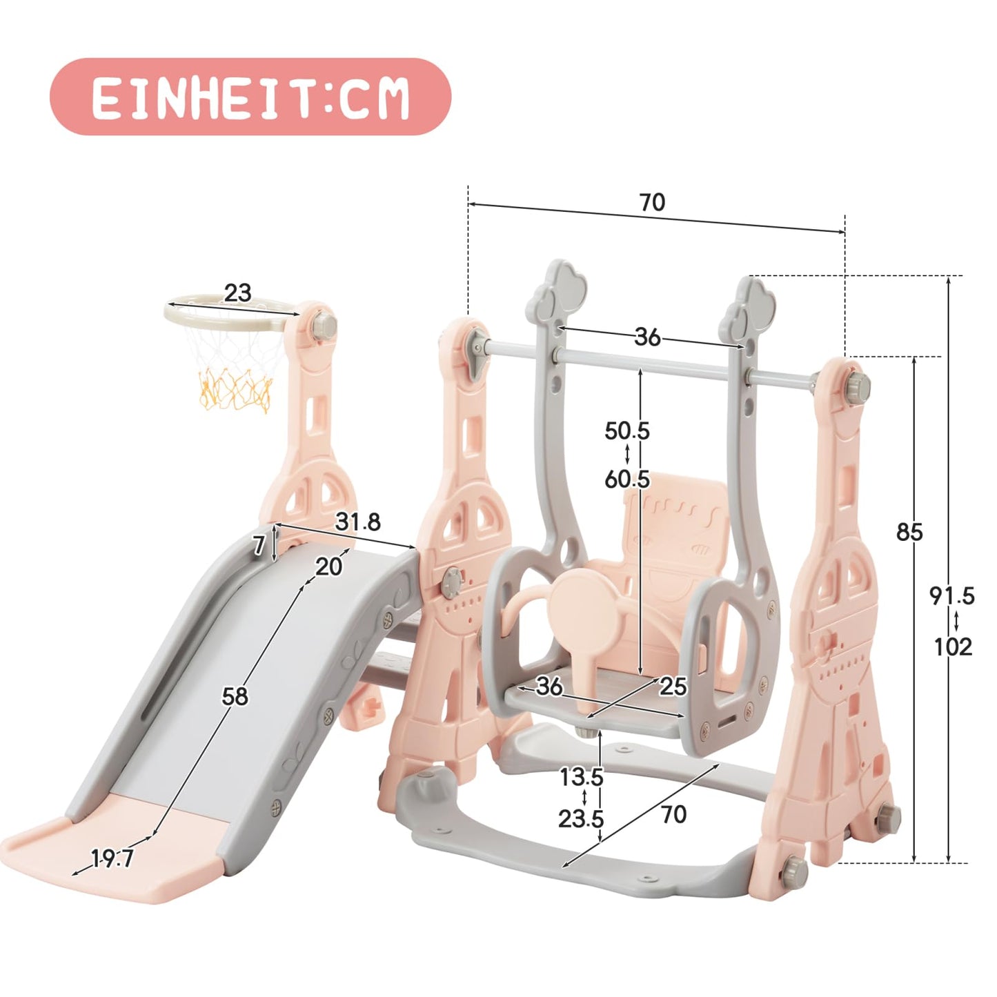 Kinderrutsche, Babyschaukel, 4 in 1, mit Schaukeln, Treppen, Gleiten, Basketballgestellen, Spielplatz für drinnen und draußen, multifunktionale Rutsche (Rosa, Kaninchen)