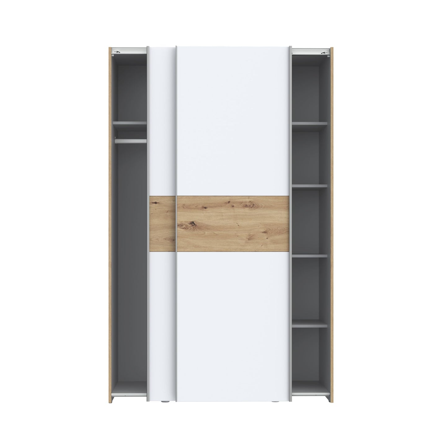 FORTE OZZULA Wardrobe 120, Wardrobe, Sliding Door Wardrobe, Bedroom Wardrobe, Scandinavian 2 Door Shelves, Clothes Rail, White/Artisan Oak, 120 cm Wide x 190.5 cm High x 61 cm Deep